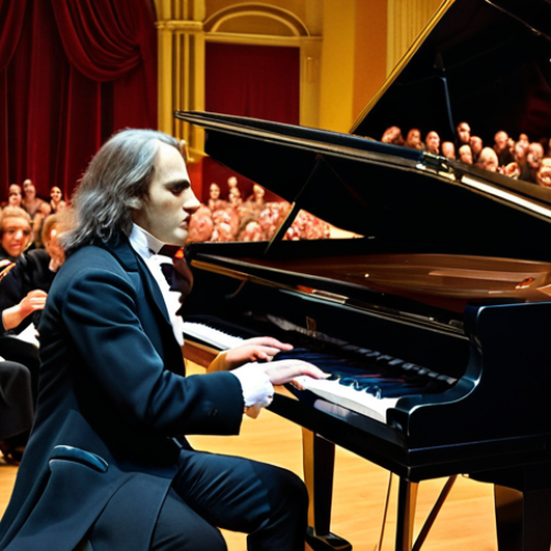 Home 6 A dynamic, full-body portrait of Franz Liszt passionately performing at a grand piano on a grand European concert stage, capturing the electrifying "Lisztomania" phenomenon. His fingers are a blur over the keys, his posture dramatic, and his long hair flows with the intensity of his playing. The opulent concert hall is packed with an enraptured audience, some members visibly overwhelmed with emotion, throwing flowers onto the stage, or reaching out in adoration. Dramatic, warm spotlights highlight Liszt, emphasizing his superstar aura. The atmosphere is charged with romantic era virtuosity and fervent admiration.