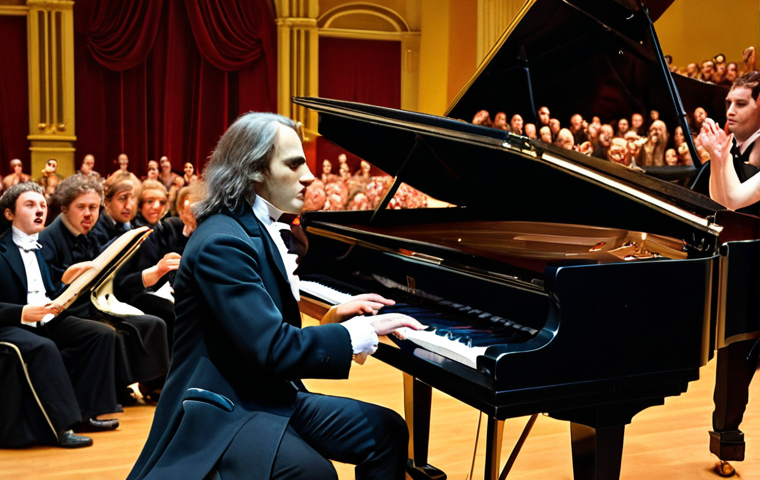 A dynamic, full-body portrait of Franz Liszt passionately performing at a grand piano on a grand European concert stage, capturing the electrifying "Lisztomania" phenomenon. His fingers are a blur over the keys, his posture dramatic, and his long hair flows with the intensity of his playing. The opulent concert hall is packed with an enraptured audience, some members visibly overwhelmed with emotion, throwing flowers onto the stage, or reaching out in adoration. Dramatic, warm spotlights highlight Liszt, emphasizing his superstar aura. The atmosphere is charged with romantic era virtuosity and fervent admiration.