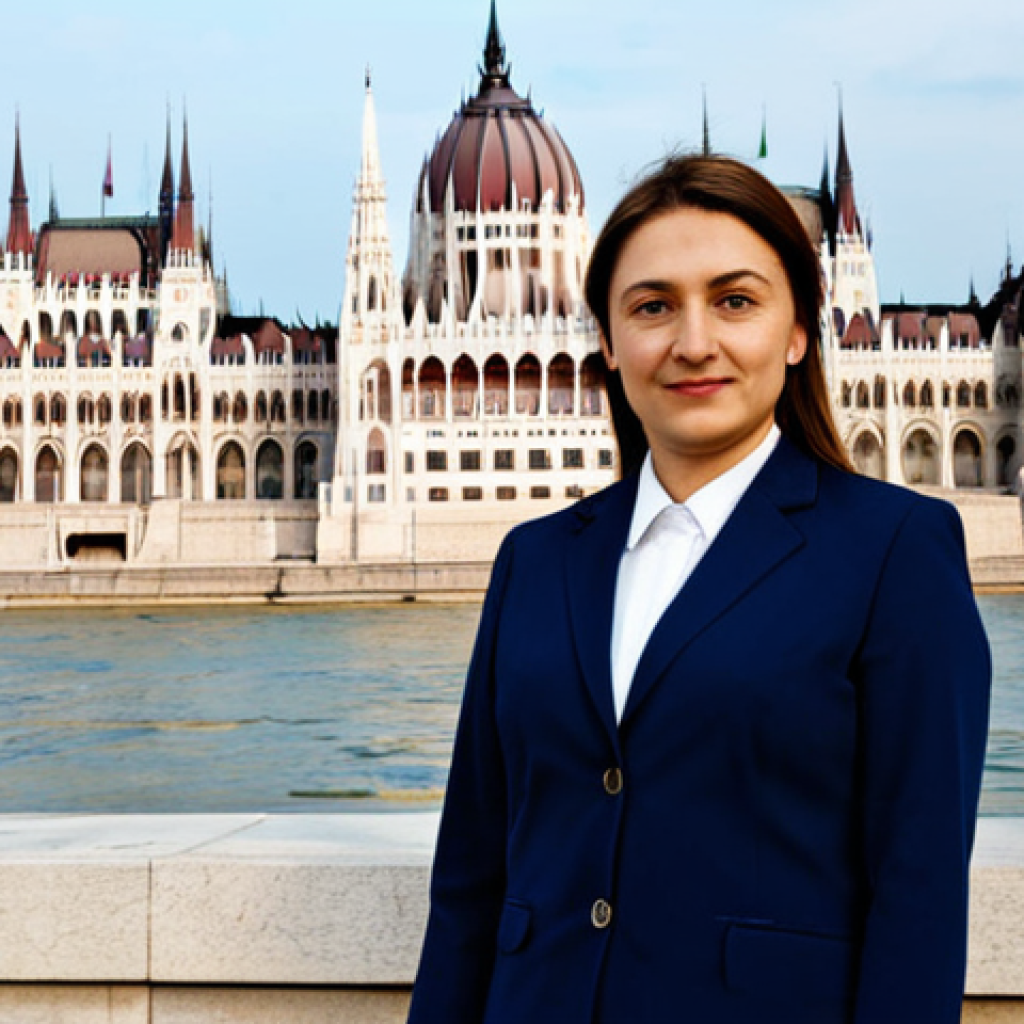 **

"A professional businesswoman in a modest business suit, standing confidently in front of the Hungarian Parliament Building in Budapest, fully clothed, appropriate attire, safe for work, perfect anatomy, natural proportions, professional photography, high quality"

**
