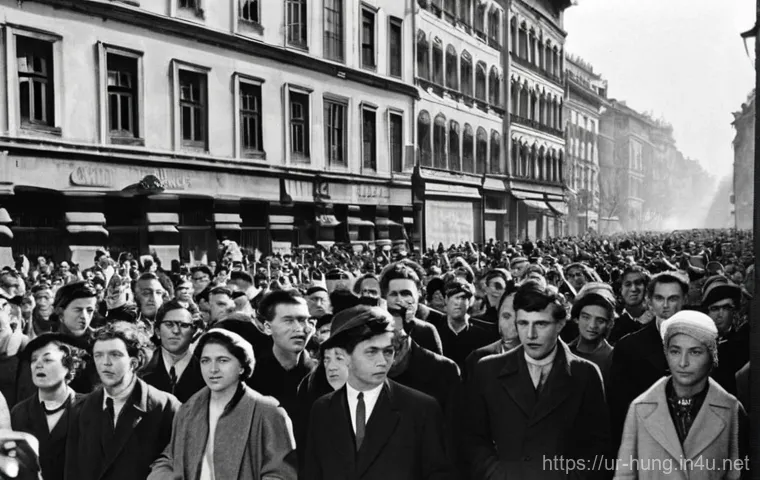 헝가리 사회주의 시대 - **"Daily Life Under Scarcity in Socialist Hungary"**
    A wide shot of a grey, somewhat bleak stree...