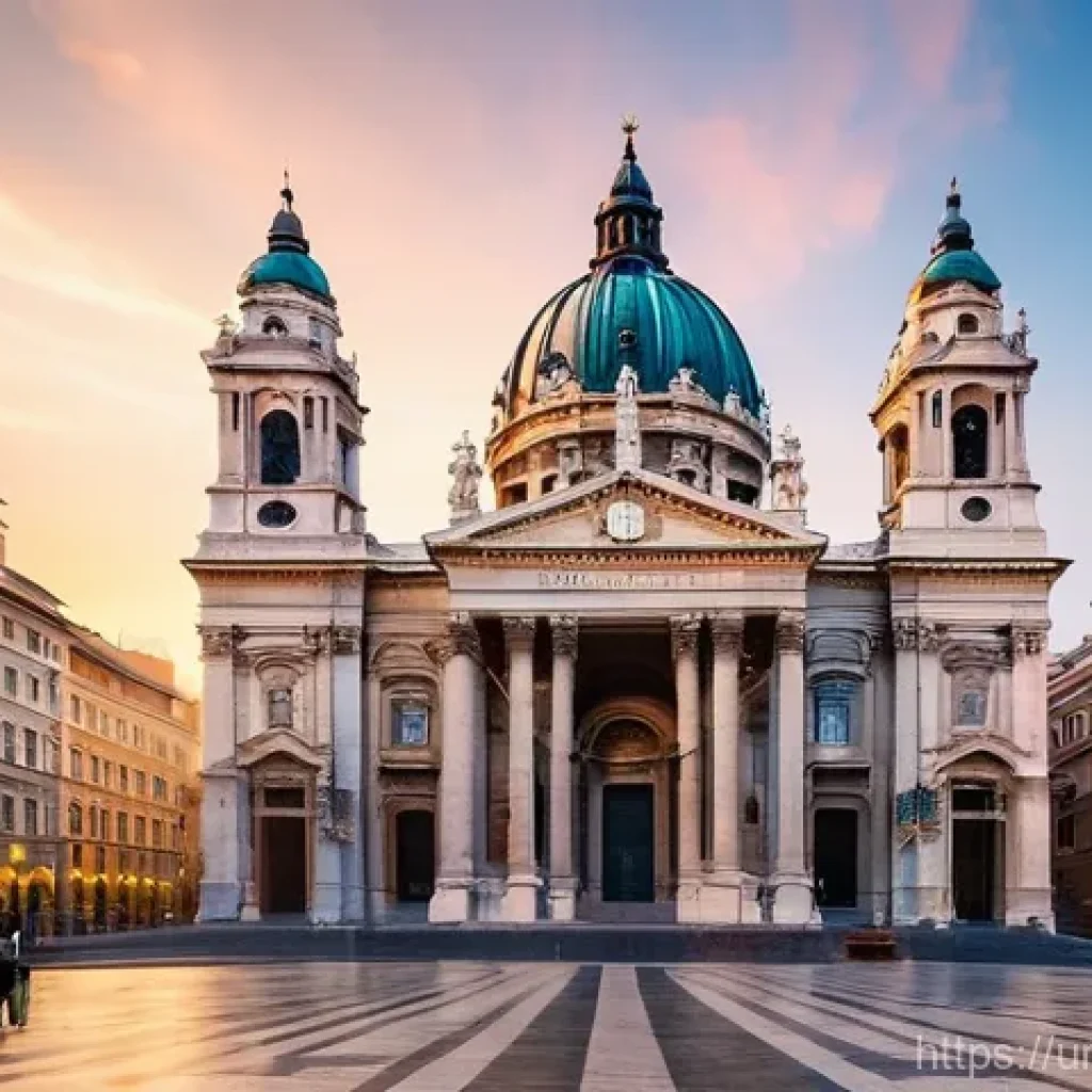 헝가리 성 이슈트반 대성당 - **A majestic exterior view of St. Stephen's Basilica in Budapest at dawn.**
    The prompt should de...