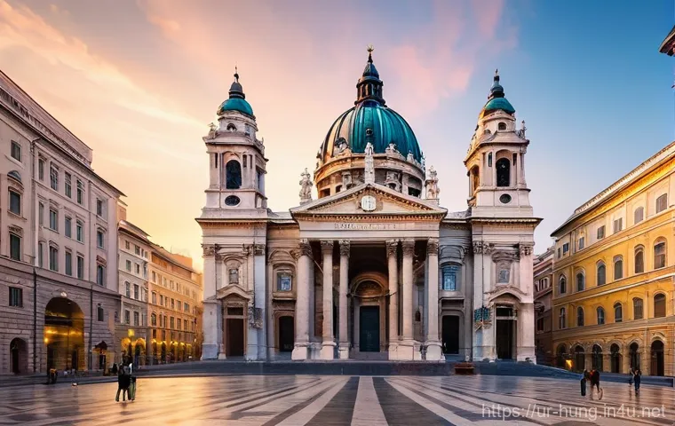 헝가리 성 이슈트반 대성당 - **A majestic exterior view of St. Stephen's Basilica in Budapest at dawn.**
    The prompt should de...