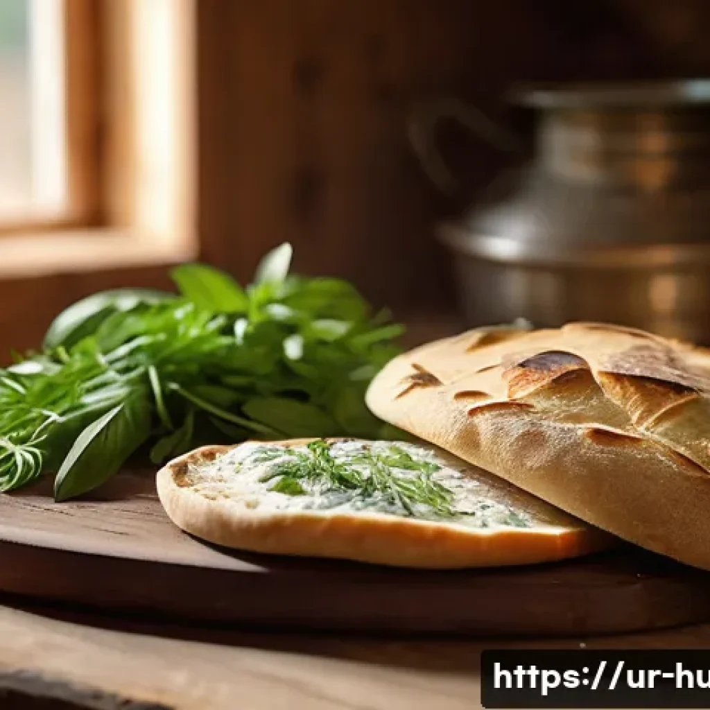 헝가리 포가차 빵 - A warm, rustic kitchen scene showcasing freshly baked traditional flatbreads resting on a wooden boa...
