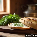 헝가리 포가차 빵 - A warm, rustic kitchen scene showcasing freshly baked traditional flatbreads resting on a wooden boa...