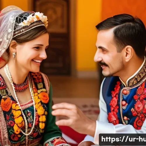 Home 33 헝가리 결혼 문화 - A vibrant Hungarian wedding scene featuring the bride and groom in traditional attire: the bride wea...