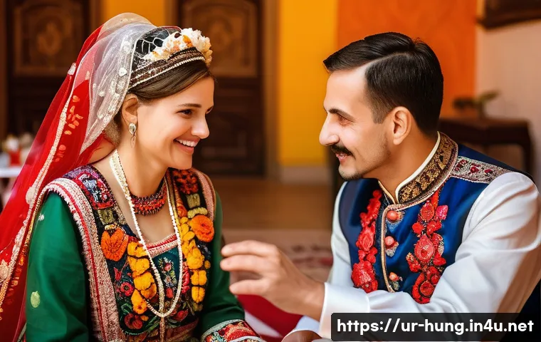 헝가리 결혼 문화 - A vibrant Hungarian wedding scene featuring the bride and groom in traditional attire: the bride wea...
