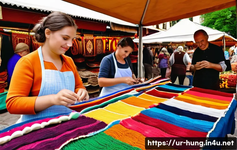 헝가리 전통 시장 탐방 - A vibrant Hungarian traditional market scene showcasing skilled artisans crafting handmade goods suc...