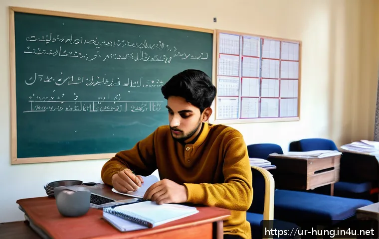 헝가리어 문법 기초 - A cozy study room with a young South Asian man practicing Hungarian language on his laptop, surround...