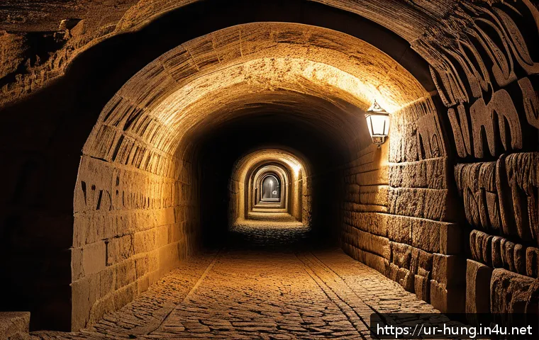헝가리 특이한 장소 - A mysterious ancient underground tunnel network beneath Budapest, Hungary, illuminated by soft warm ...