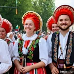 헝가리 민족성 - A vibrant traditional Hungarian festival scene during Saint Stephen&rsquo;s Day, showcasing people dressed...
